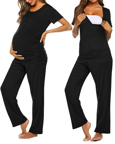 Ekouaer Women's Maternity Nursing Pajamas Set Breastfeeding Sleepwear Short Sleeve Pregnancy Top & Pants Pjs for Pregnant Black S | Amazon (US)