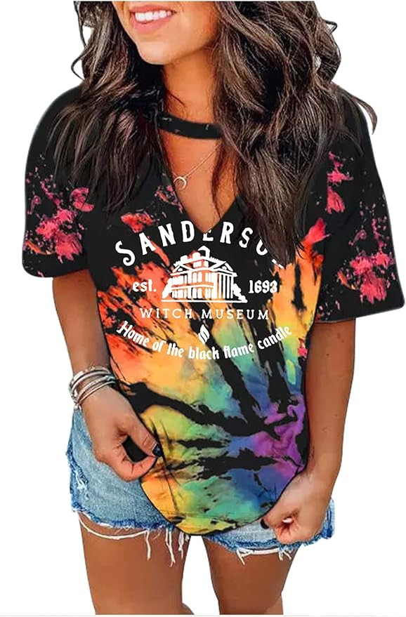Halloween Hollow Out V Neck T Shirts for Women Sanderson Witch Museum Graphic Tee Blouse Reverse ... | Amazon (US)