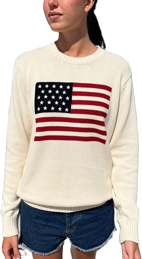 Women American Flag Sweater Long Sleeve Crew Neck Loose Fit Knit Pullover Tops USA Casual Loose P... | Amazon (US)