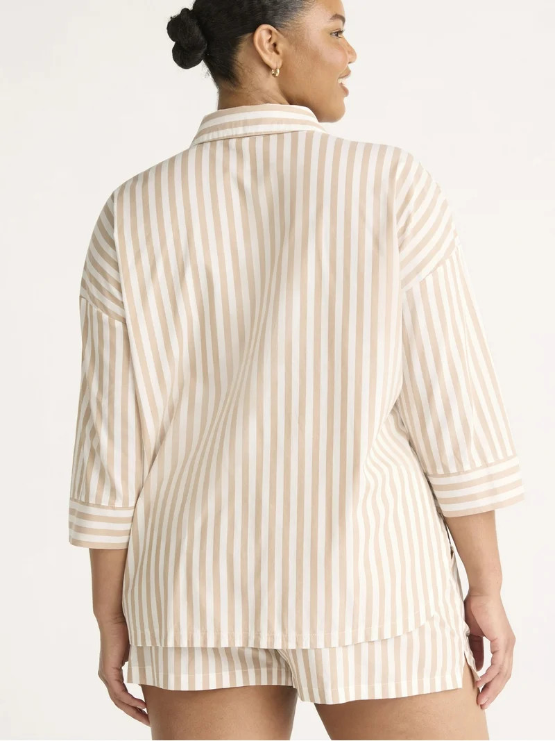 Joyspun Women’s Woven ¾ Sleeve Notch Collar Top and Boxer Shorts Pajama Set, Sizes XS-3X | Walmart (US)