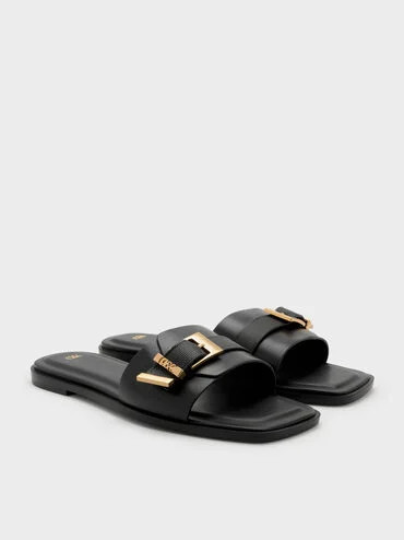 Whitney Leather Slide Sandals
    
         - Black | Charles & Keith UK