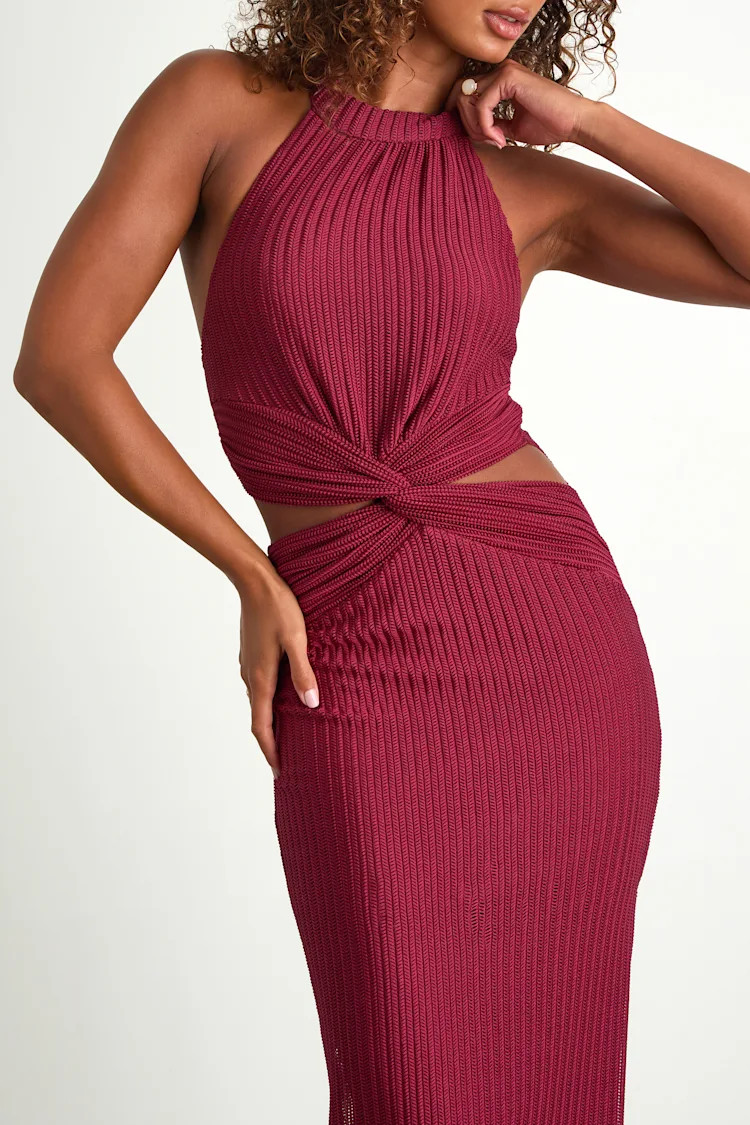 Poised Attitude Burgundy Halter Cutout Twist-Front Midi Dress | Lulus