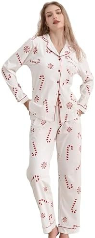 100% Cotton Christmas Pajama Sets for Women 2025 Holiday PJs Set Soft Long Sleeve Button Down Sle... | Amazon (US)