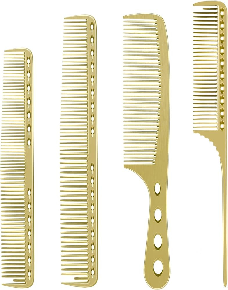 CGBARBER 4 Types Aluminum Hair Combs for Cutting Stainless Steel Hair Tail Metal Comb (Golden) | Amazon (US)