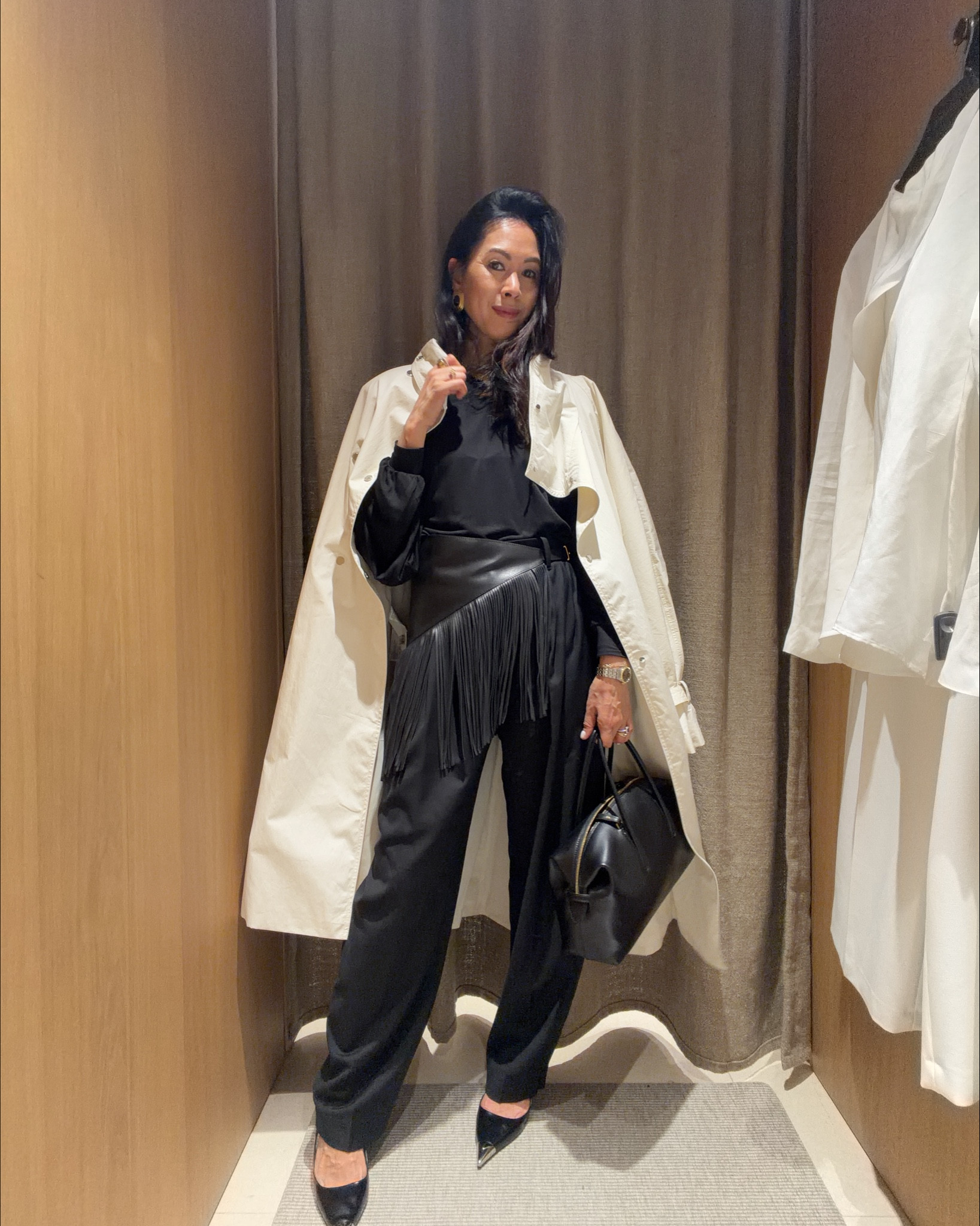 Date night work look 
Trench size small
Black top medium 
Trousers size 36
Tassel belt size 36
Stockholm bag 

#LTKstyletip #LTKSeasonal #LTKover40