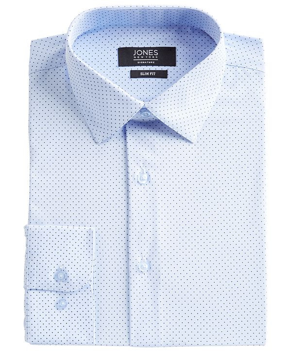 Men's Slim-Fit Performance 4-Way Stretch Tech Light Blue/Navy Dot-Print Dress Shirt | Macys (US)