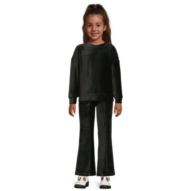 Wonder Nation Girls Long Sleeve Velour Pullover and Flare Pants Outfit, 2-Piece Set, Sizes 4-18 &... | Walmart (US)