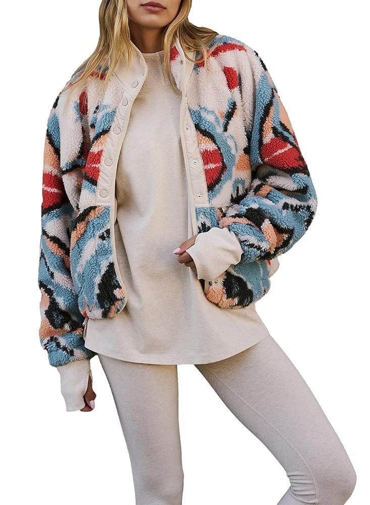 Printed Sherpa Jacket for Women Long Sleeve Button Down Fuzzy Fleece Coat Y2K Outerwear with Pock... | Amazon (US)