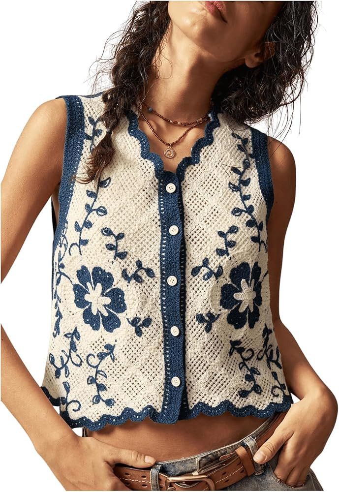 GORGLITTER Women's Crochet Boho Embroidered Vest Tops Floral Sleeveless Button Up Knit Tank Top W... | Amazon (US)