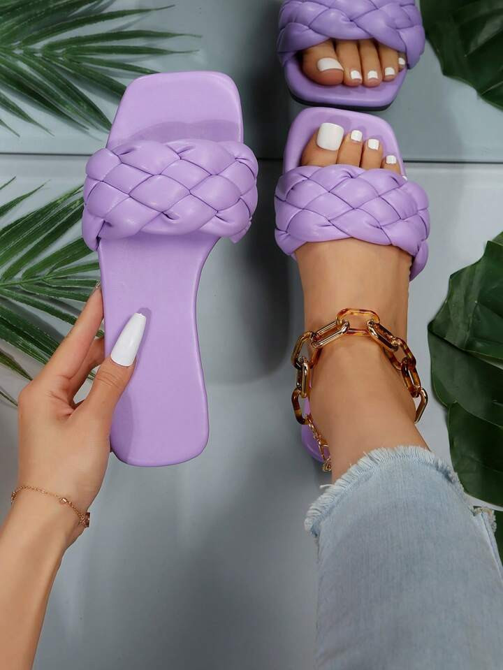 Vacation Slide Sandals For Women, Braid Detail Single Band Flat Sandals | SHEIN
