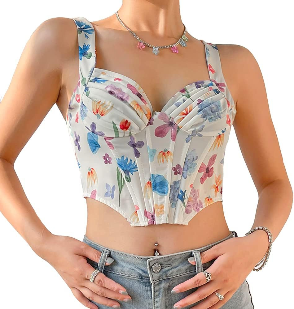 Women's Floral Lace Cami Crop Top Spaghetti Strap Sheer Mesh Corset Bustier Tops Bralette | Amazon (US)