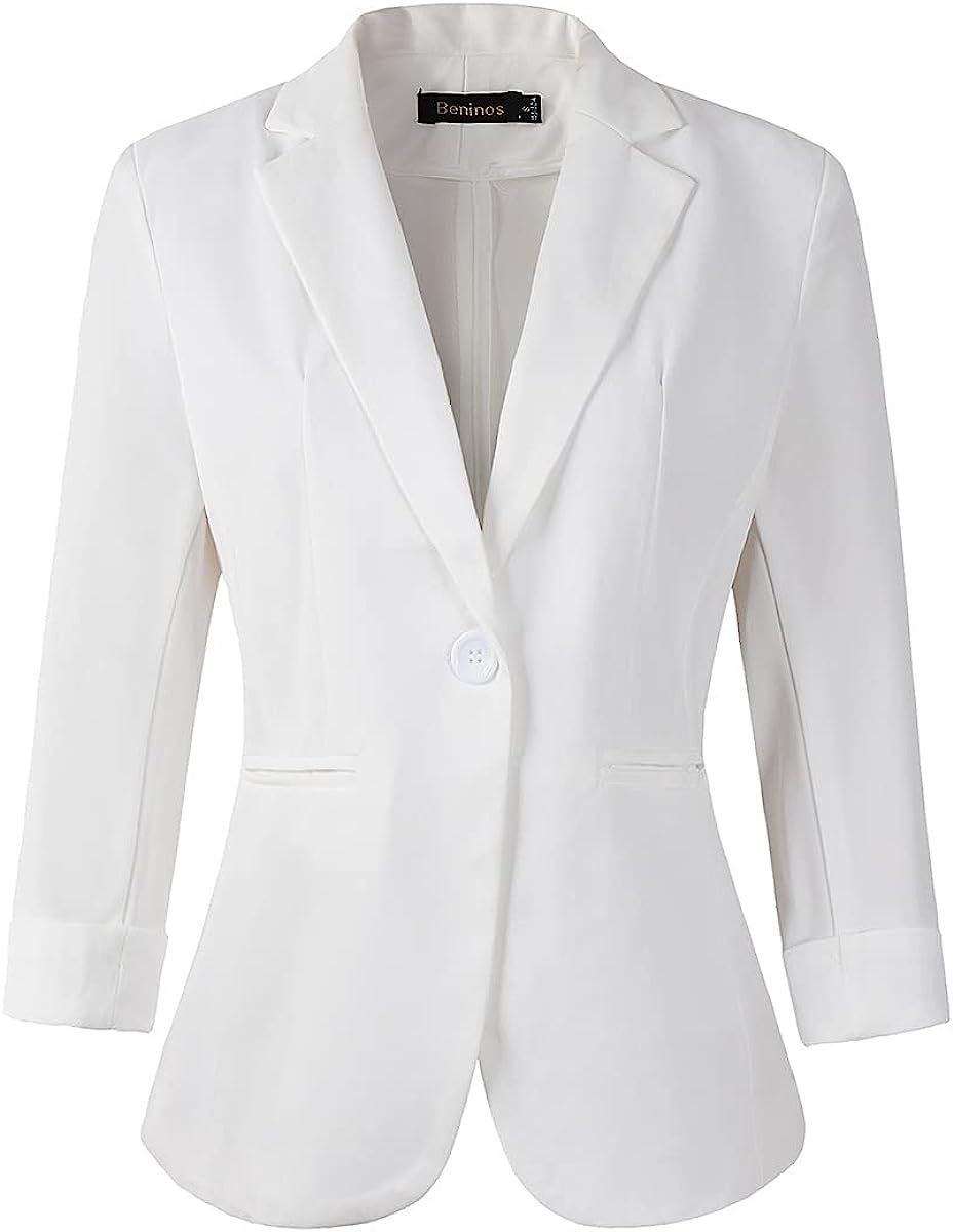 Womens 3/4 Sleeve Lightweight Office Work Suit Jacket Boyfriend Blazer | Amazon (US)