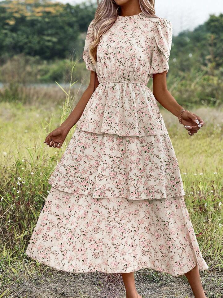SHEIN Clasi Floral Petal Sleeve Tiered Hem Dress | SHEIN