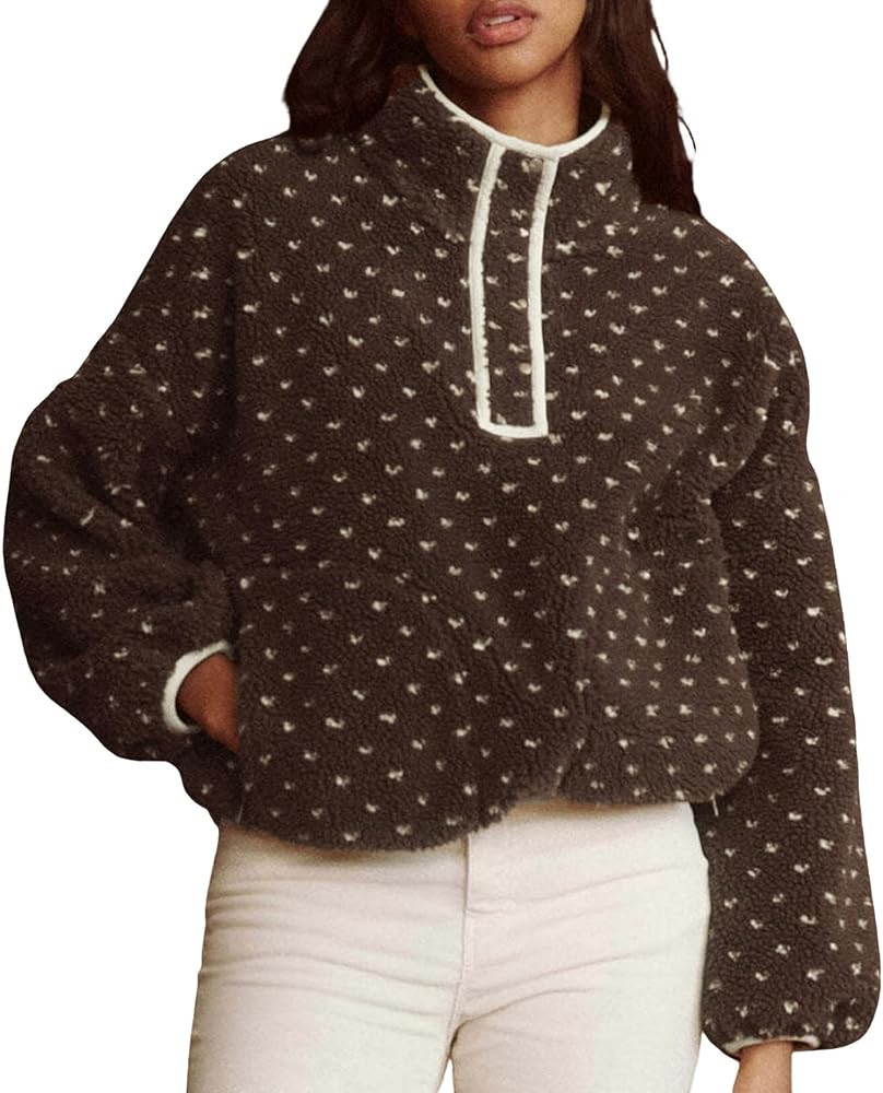 Fuzzy Fleece Jacket Women Long Sleeve Half Button Down Tops Casual Sherpa Pullover Sweatshirt War... | Amazon (US)