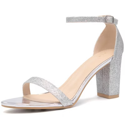 BLISSFUL STEP Women's Glitter Ankle Strap Chunky Heels Sandals Silver 9 | Target
