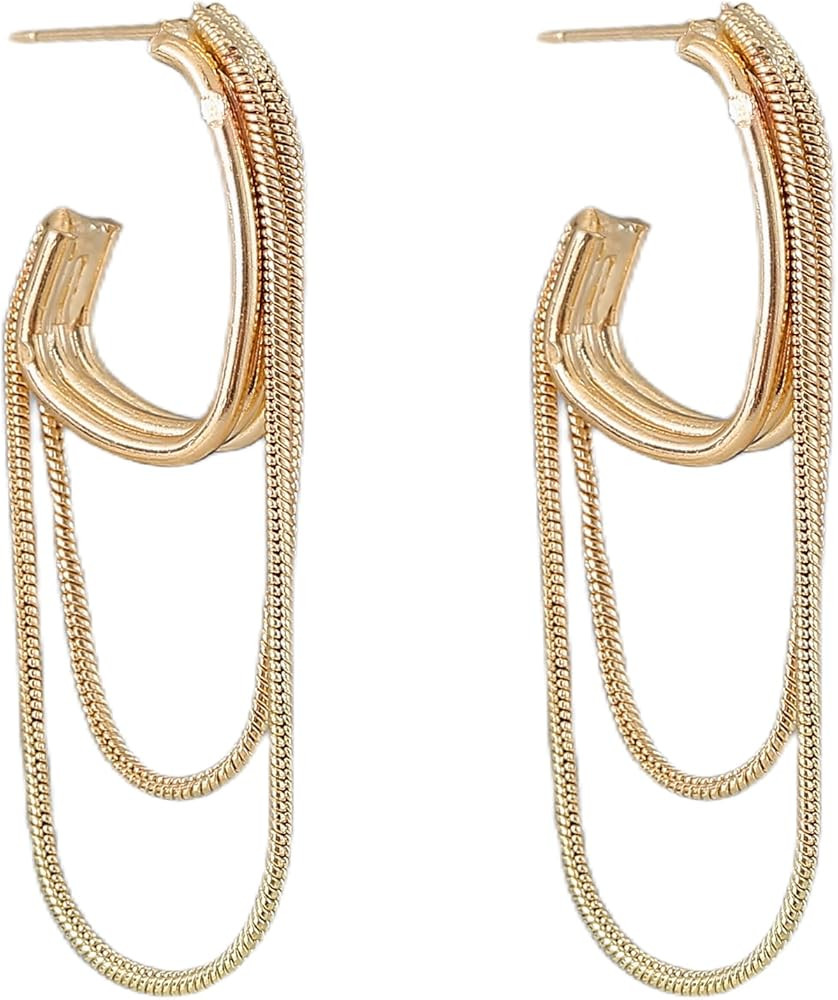 Long Tassel Earrings,Chunky Geometric Textured Statement Stud 14K Gold Snake Chain Earring Vintag... | Amazon (US)