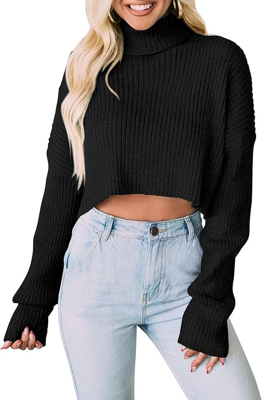 PRETTYGARDEN Women's 2023 Fall Winter Turtleneck Cropped Sweater Causal Ribbed Knit Long Sleeve Pullover Jumper Tops | Amazon (US)