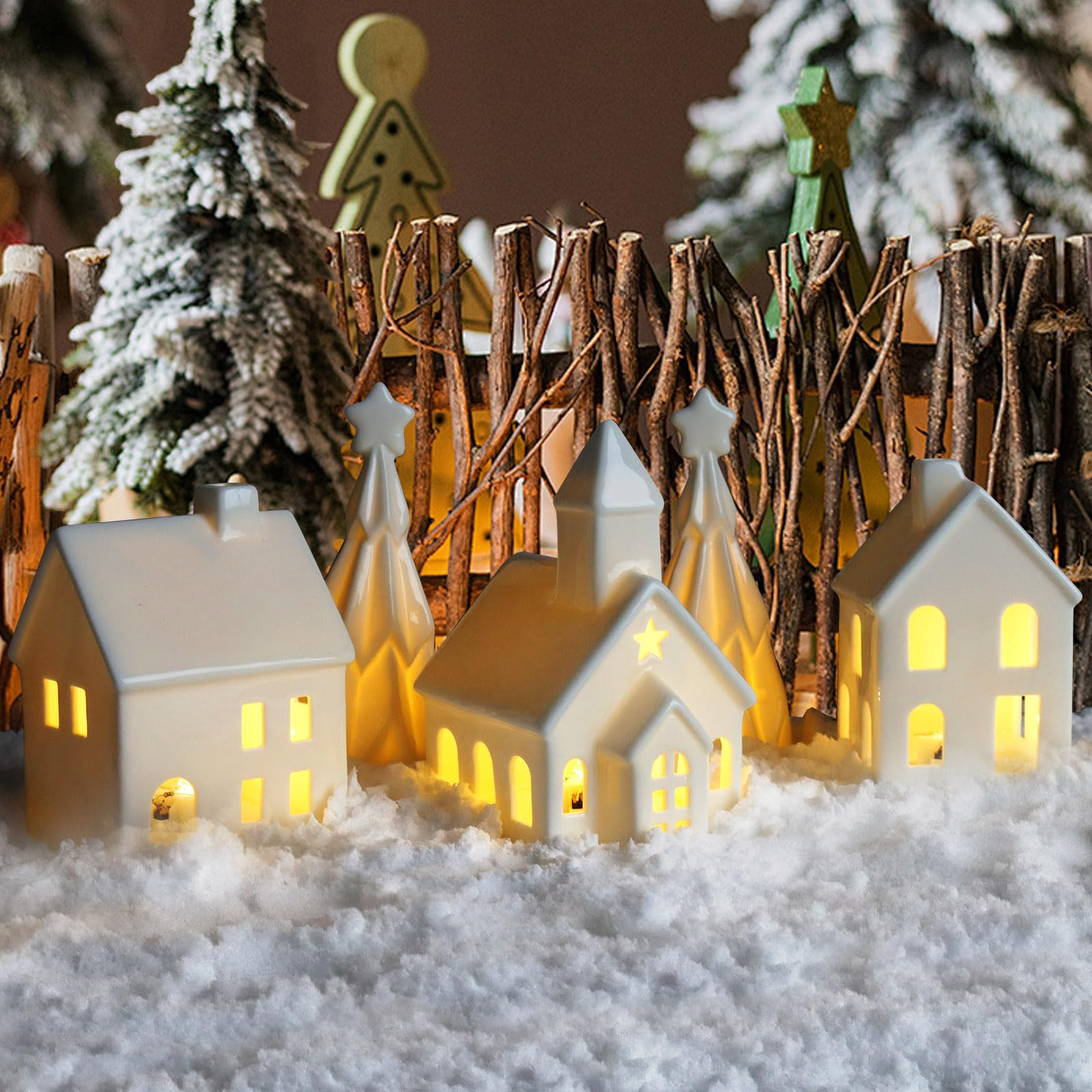 Christmas Village Set, White Ceramic Houses with Trees, 5-Piece Lighted Snowy Cottage Decor Figur... | Amazon (US)