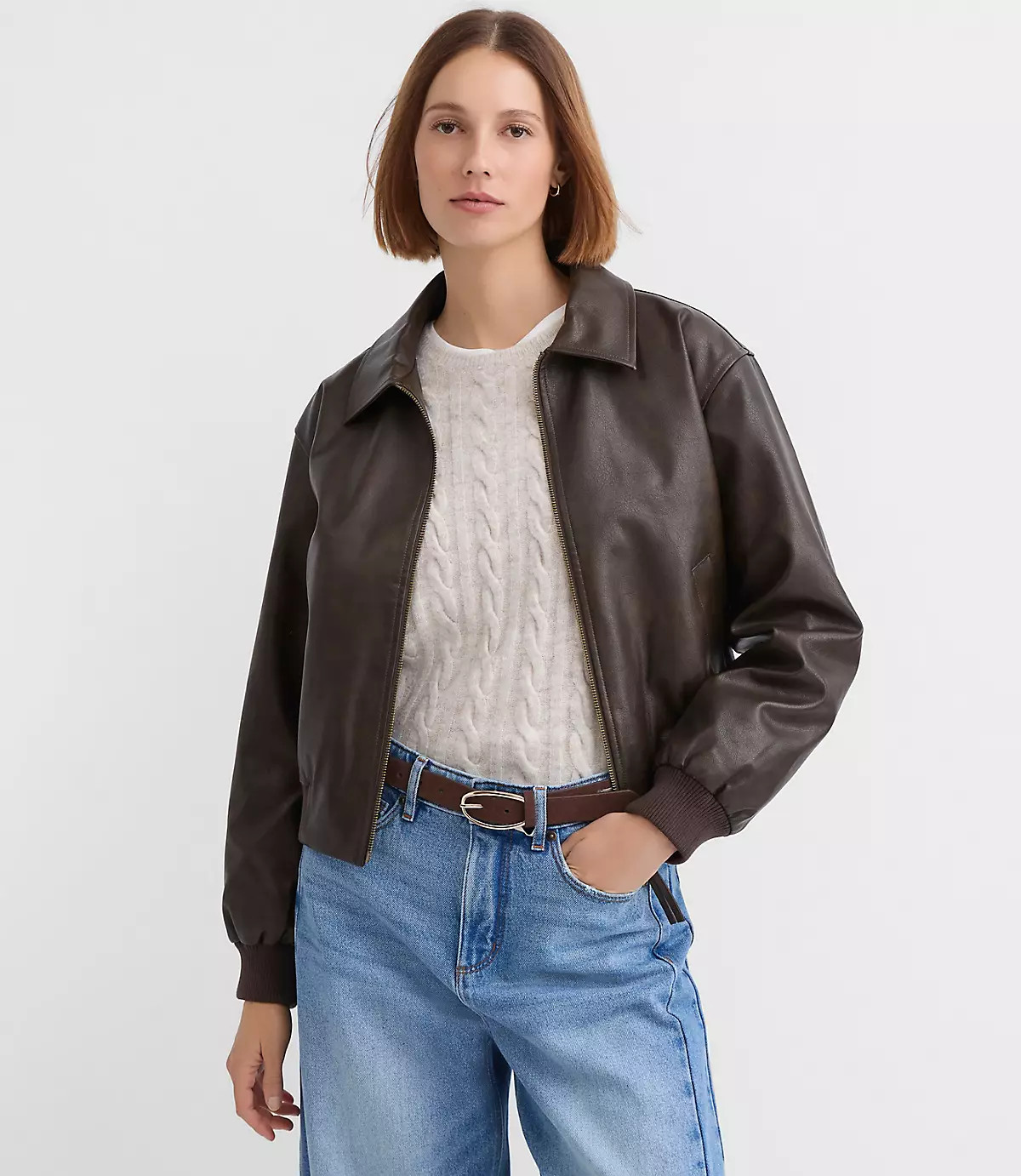 Petite Distressed Faux Leather Bomber Jacket | LOFT