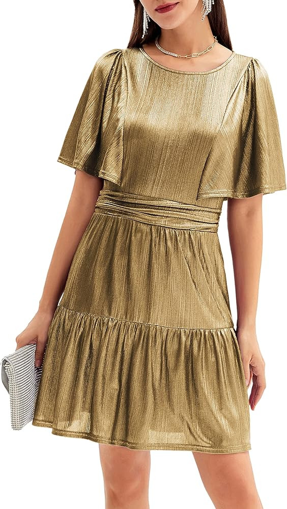 GRACE KARIN Women's Metallic Cocktail Dress Ruffle Short Sleeves Crew Neck Pleated Swing Aline Dress | Amazon (US)