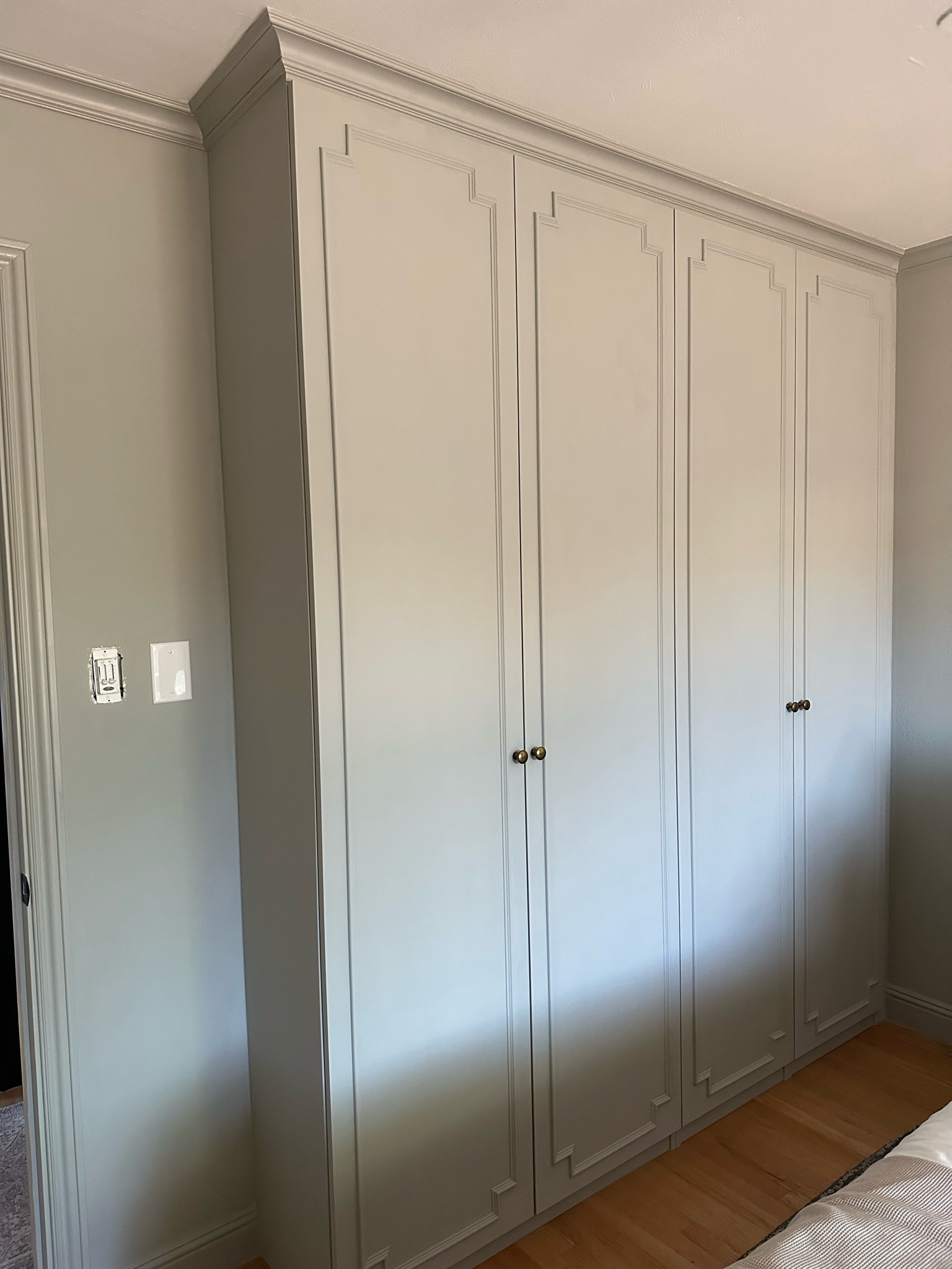 Built in wardrobe; gold knobs; detailed trim; Ikea pax hack