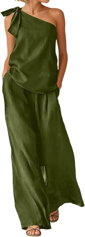 Linen Sets for Women 2 Piece Casual One Shoulder Sleeveless Top Wide Leg Pants Set Summer Lounge ... | Amazon (US)