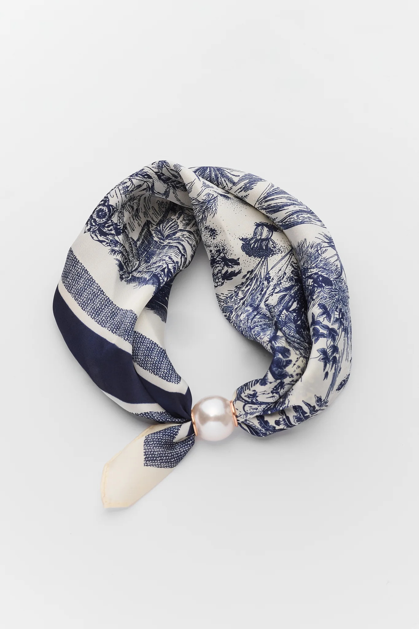 Blue Toile Print Magnetic Pearl Scarf | Avara