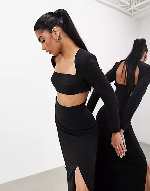 ASOS EDITION statement long sleeve square neck maxi dress in black | ASOS (Global)