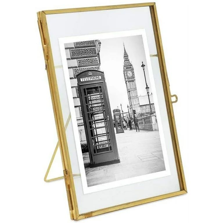 Isaac Jacobs 4x6, Antique Gold, Vintage Style Brass and Glass, Metal Floating Picture Frame Verti... | Walmart (US)