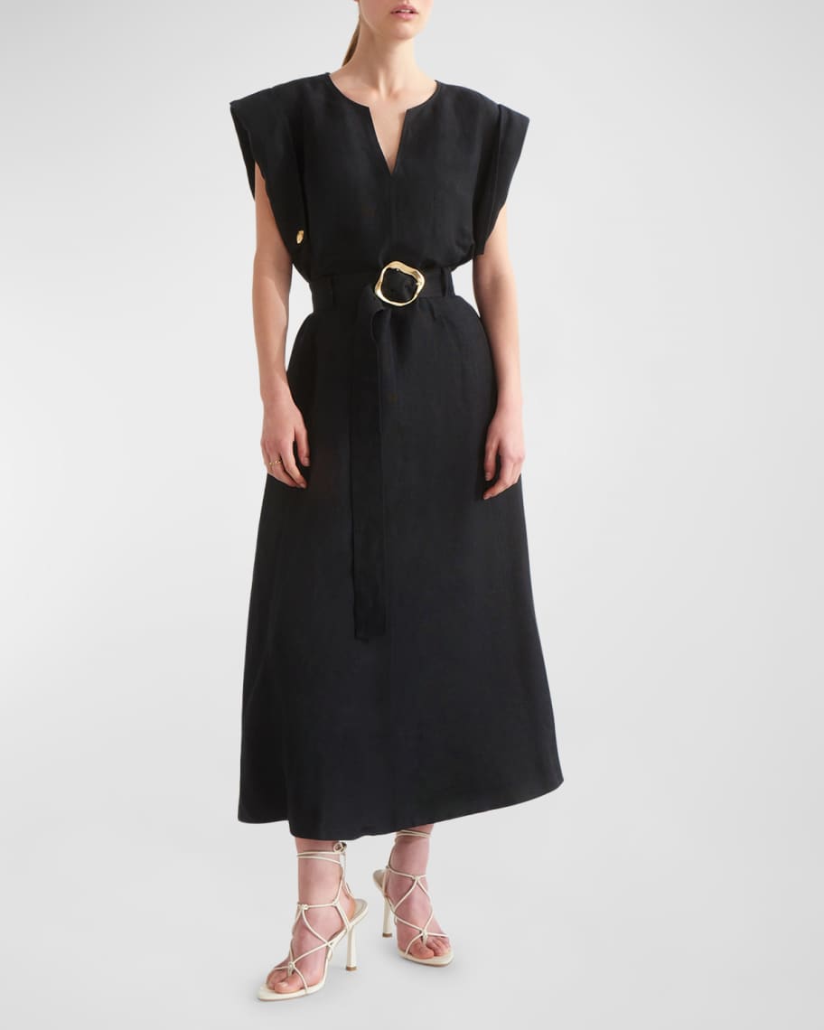 Aje Lyric Belted Linen-Blend Midi Dress | Neiman Marcus