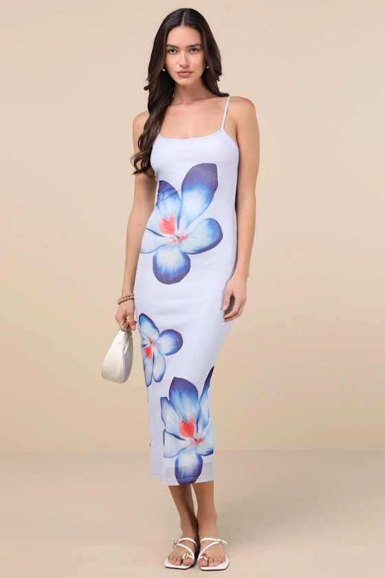 Graciela Periwinkle Floral Mesh Bodycon Midi Dress | Lulus
