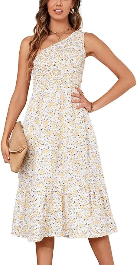 Sexyasasii Women's Casual Summer Floral Dress One Shoulder Sleeveless Ruffle Beach Smocked High W... | Amazon (US)
