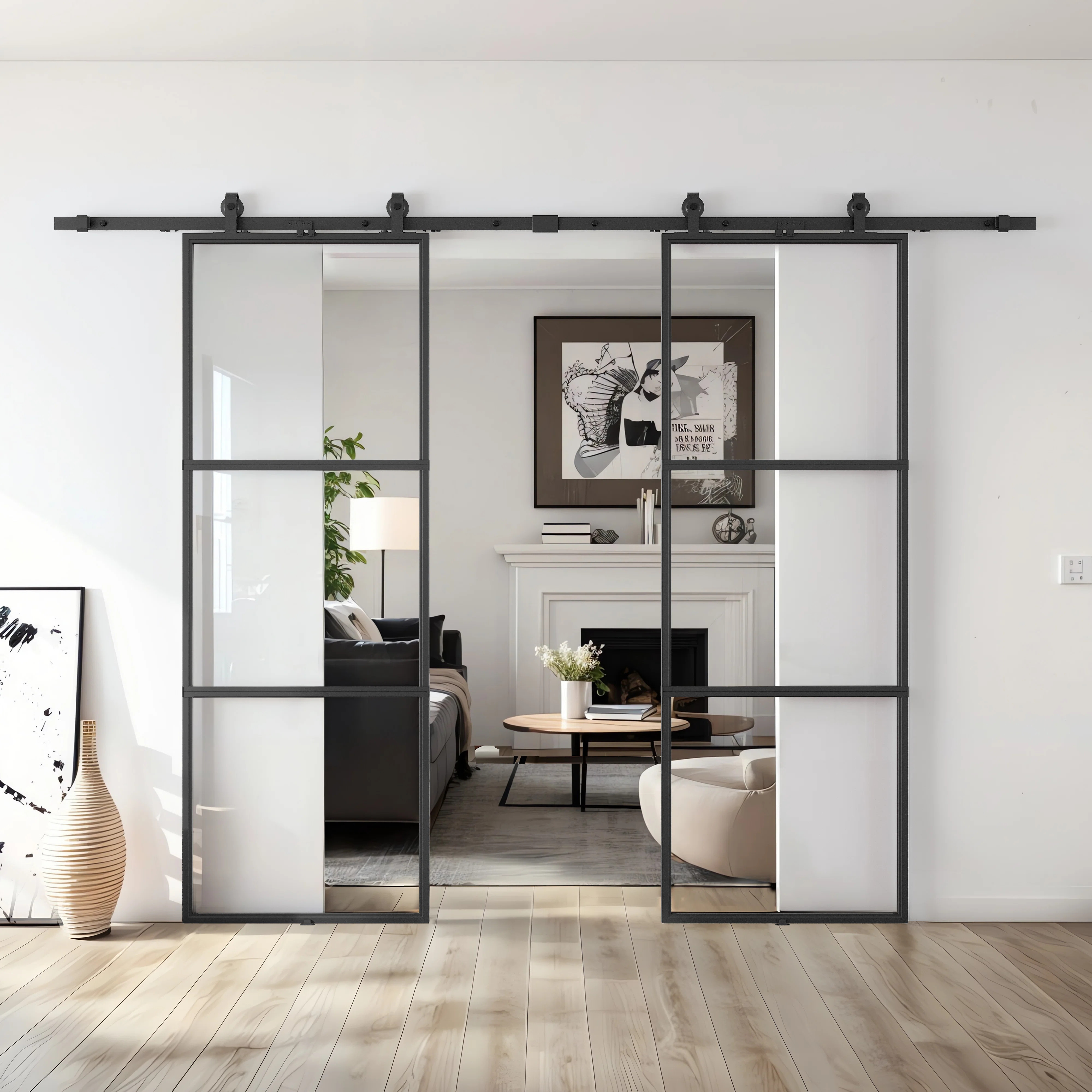 Metal and Glass Sliding Double Barn Door with Installation Hardware Kit (Soft-close Included) | Wayfair North America