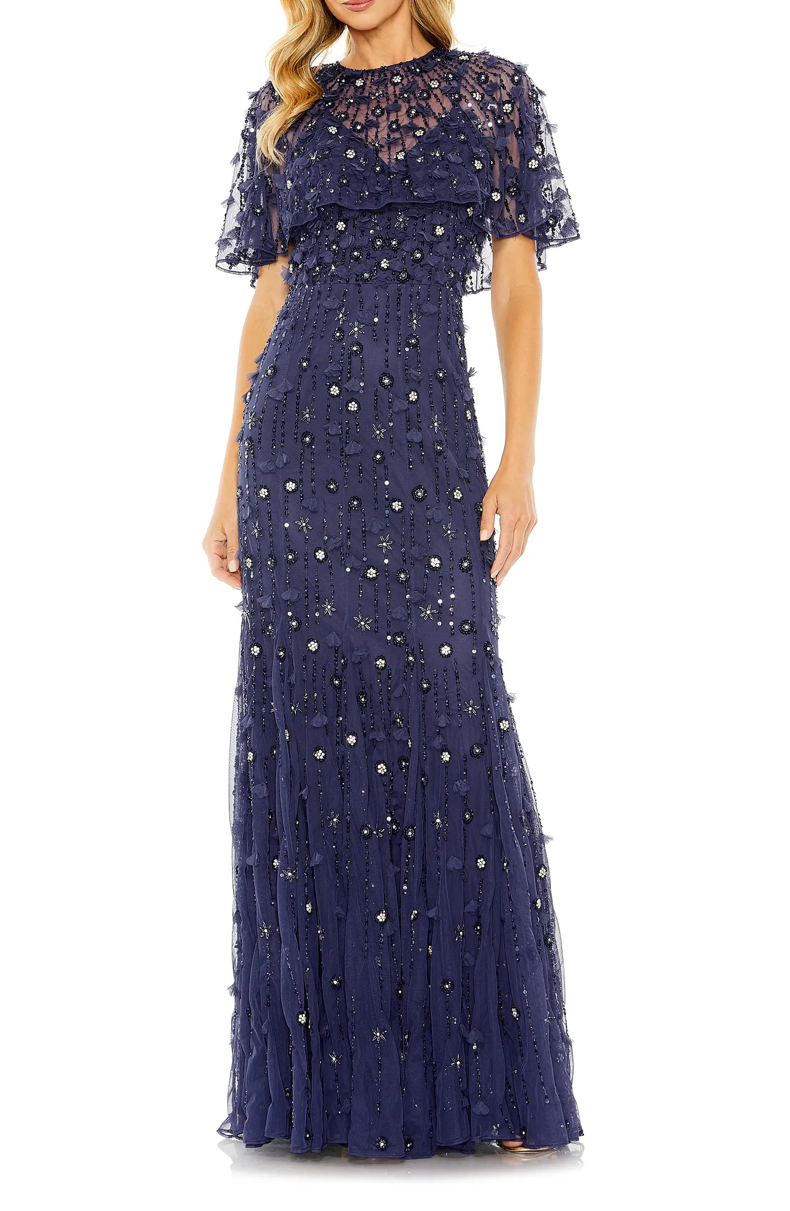 Beaded Floral Appliqué Tulle Capelet Gown | Nordstrom