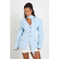 boohoo Women's Scarf Detail Cinched Blazer in Baby Blue | Size: 12 | Woven | boohoo (US & Canada)