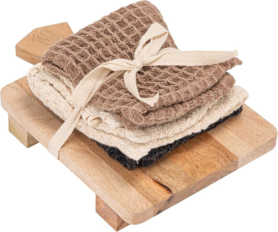Creative Co-Op Stonewashed Cotton Waffle Weave Dish Cloths & Mango Wood Serving Board Set, Multic... | Amazon (US)