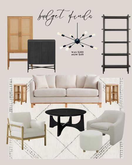 Walmart budget finds:
Cream sofa. Natural wood side table. Black coffee table modern. White accent chair modern. Light gray accent chair. White round puff. Black chandelier modern. Natural wood cabinet tall. Black cabinet modern. Black bookshelf.

#LTKsalealert #LTKhome