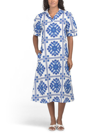 Linen Blend Short Sleeve Tile Print Dress for Women | Cotton/Cotton | Marshalls