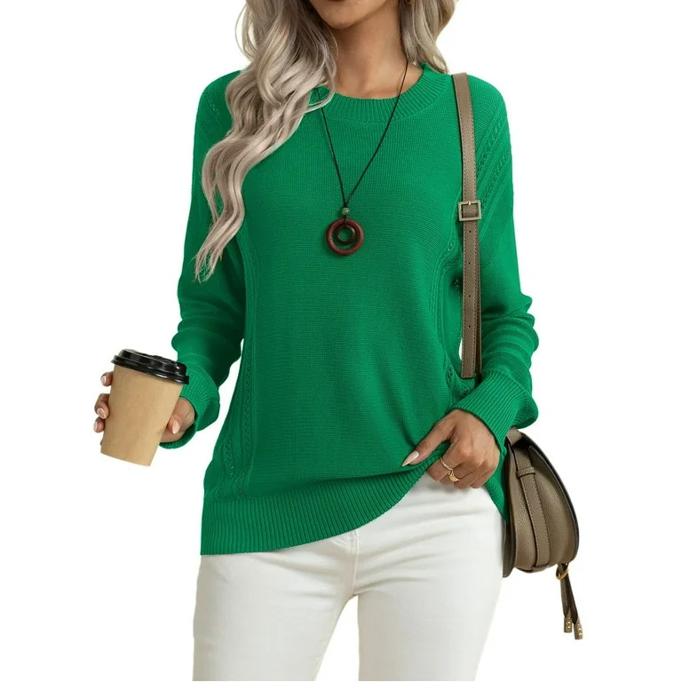 Asklazy Women's Fall Soft Crewneck Long Sleeve Hollow Cable Knit Pullover Sweaters,US Size,XL,Gre... | Walmart (US)