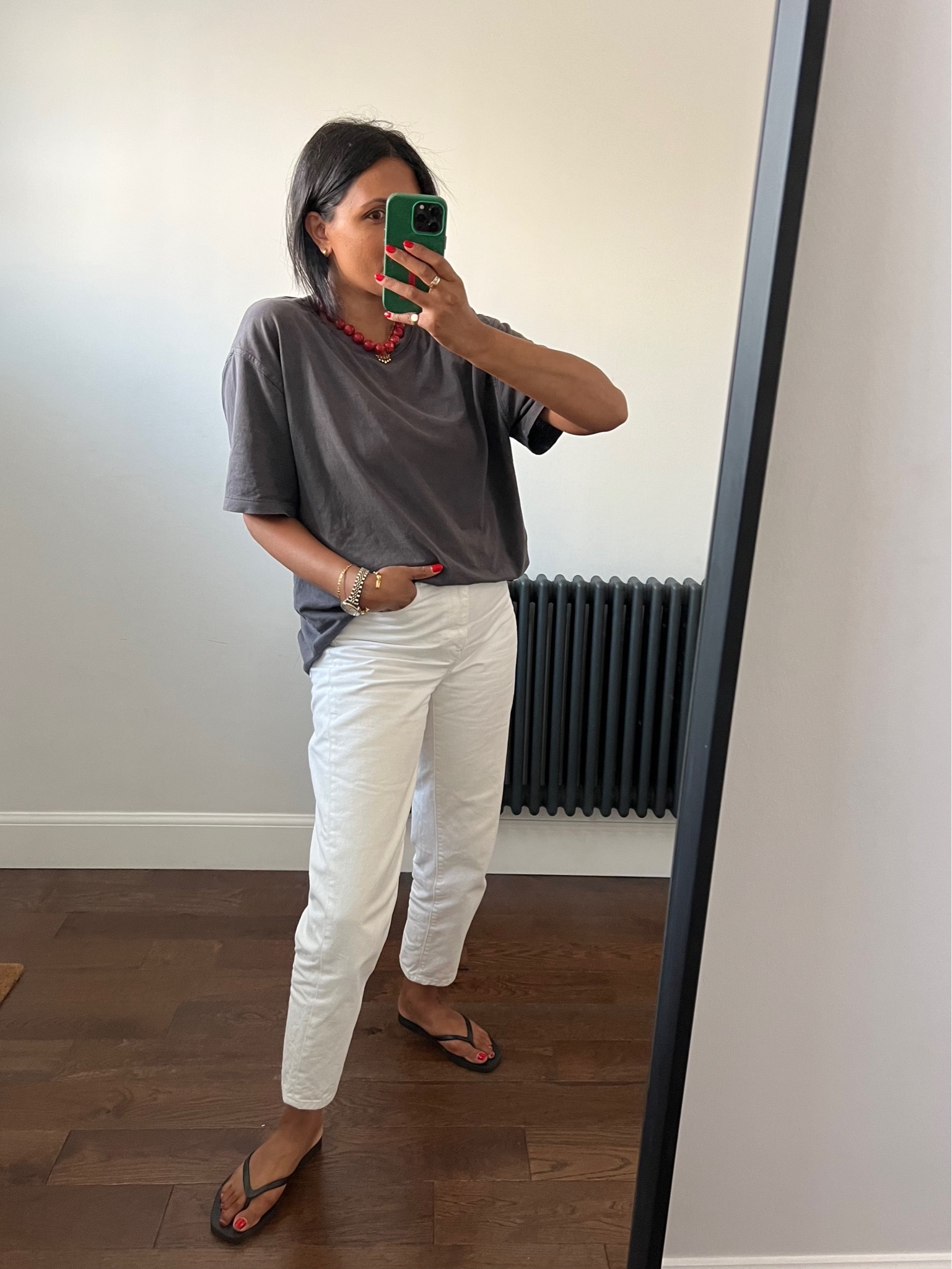 Casual outfit, weekend outfit, white jeans, taper jeans, Uniqlo jeans, charcoal t-shirt, slate t-shirt, flip flops, black flip flops, summer outfit, red necklace, red beaded necklace, beaded necklace, Sezane, Uniqlo, Everlane, & Other Stories, Hollister, Allsaints

#LTKSeasonal #LTKstyletip #LTKeurope