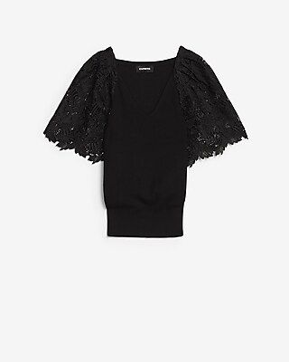 Lace Sleeve V-Neck Sweater | Express