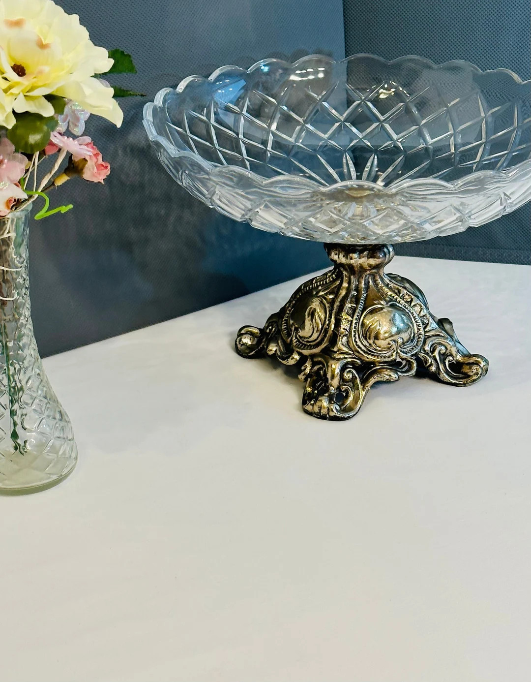 Brass and Crystal Glass Compote by Val St. Lambert, Ornate Brass Footed Pedestal with Cut Crystal... | Etsy (US)
