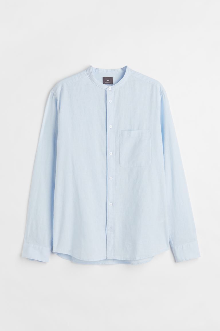 Shirt in a woven linen and cotton blend. Band collar, classic button placket, and yoke at back. O... | H&M (US + CA)