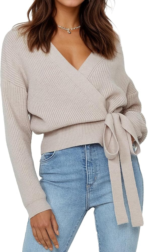 Women’s Cropped Sweater V-Neck Wrap Sweater Long Sleeve Ribbed Knit Pullover with Side Tie Vale... | Amazon (US)