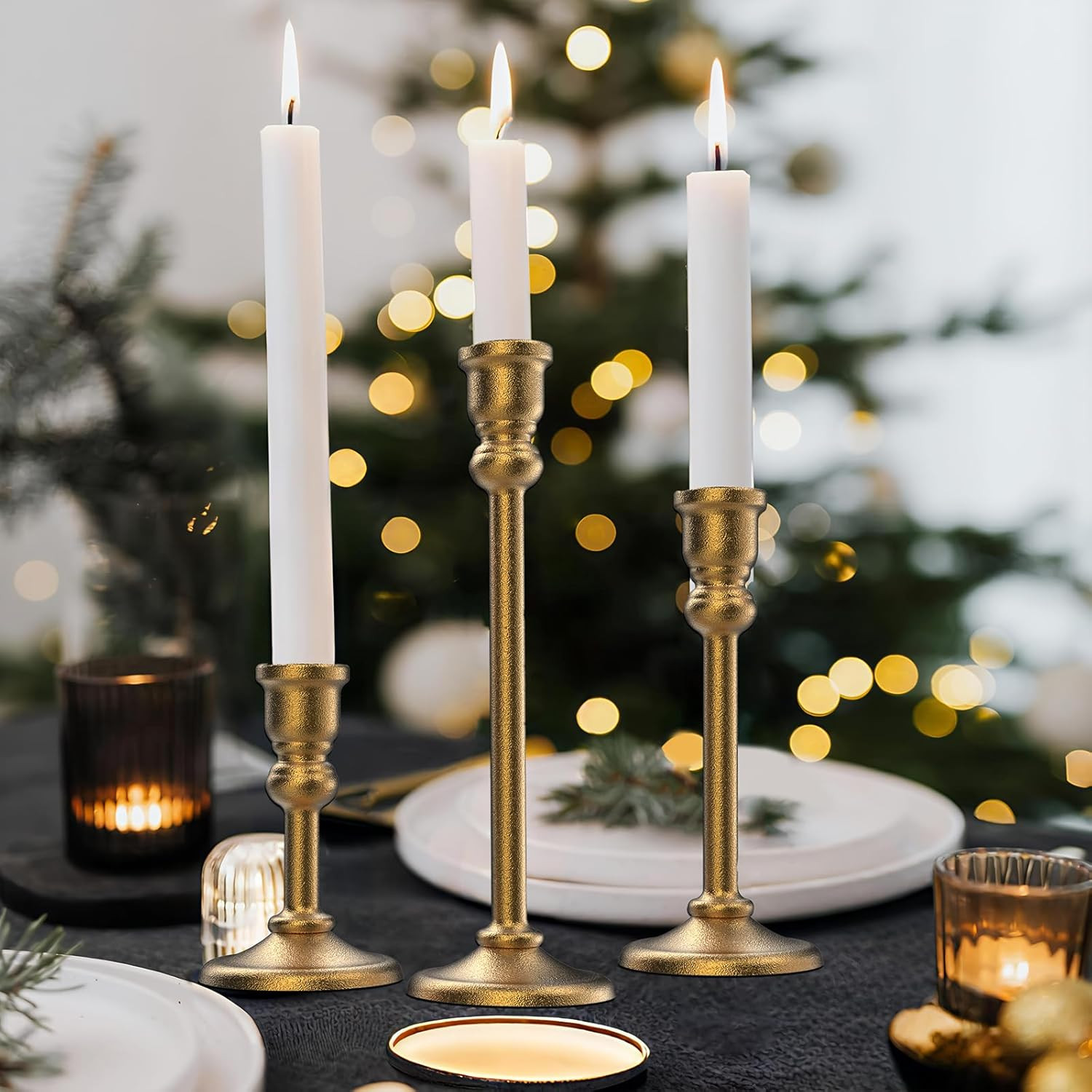 Heavy Candlestick Holders Taper Candle Holders Set of 3, Golden Candlestick Holders Decorative Candle Stand, Tapered Candle Holders Set for Wedding, Dining Table, Home Decoration (Antique Gold) | Amazon (US)