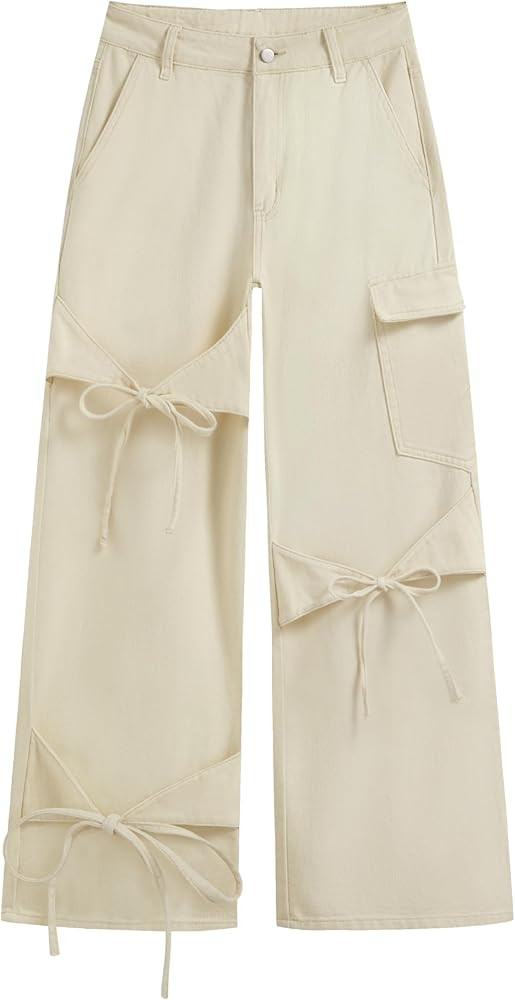 CIDER Baggy Jeans for Women Low Waisted Wide Straight Leg Bow Jeans Denim Pants | Amazon (US)