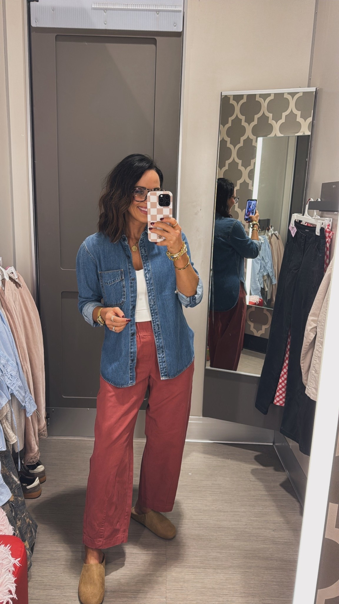 These barrel leg pull on pants from Target are seriously so cute! I love the stretchy waistband and that they’re petite friendly!
Denim shirt, casual outfit inspo, spring transition outfit, lunch date outfit, busy mom look, VintagePickin

#LTKSeasonal #LTKmomlife #LTKootd