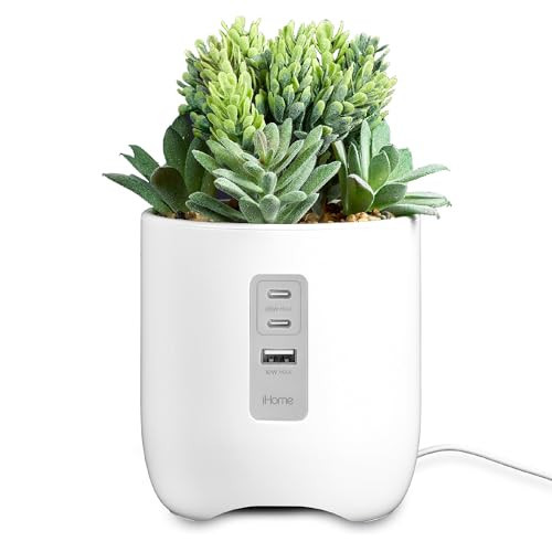 iHome PowerPlant Charging Station, Faux Succulent with USB Charging Station for iPhone, Android, and More – White (iPP45) | Amazon (US)
