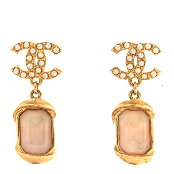 Metal Crystal Pearl CC Drop Earrings i Gold Pink | FASHIONPHILE (US)