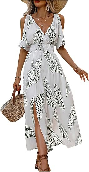 Verdusa Women's Summer Vacation Beach Dress Hawaiian Maxi Dresses Tropical Cold Shoulder Sundress | Amazon (US)